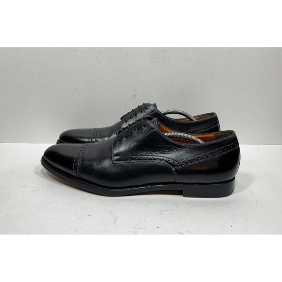 Santoni Derby Shoes Men Sz 11 US Black Leather Cap Toe Brogue Dress Oxford Italy - Picture 3 of 8